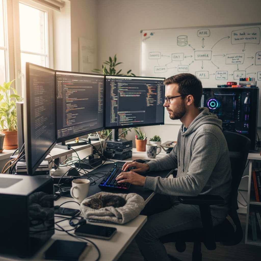 Illustration des Lead Developers vor mehreren Monitoren